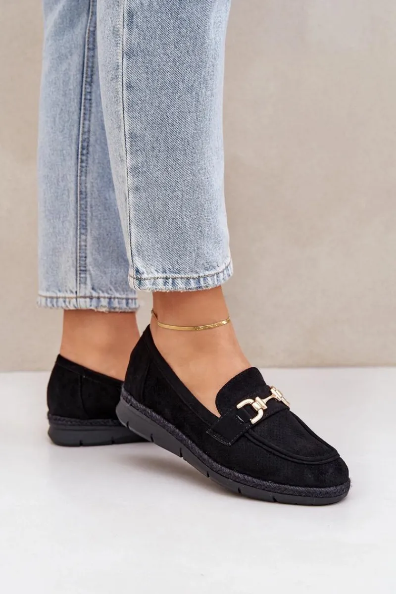 Hot Boto Ażurowe Mokasyny Ze Złotym Detalem I Jutową Plecionką Czarne Lainer