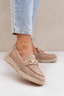 Boto Ażurowe Mokasyny Ze Złotym Detalem I Jutową Plecionką Beżowe Lainer