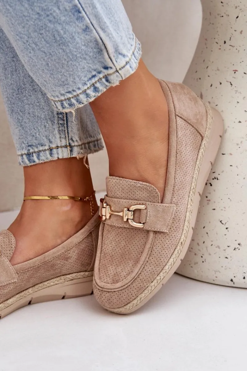 Boto Ażurowe Mokasyny Ze Złotym Detalem I Jutową Plecionką Beżowe Lainer