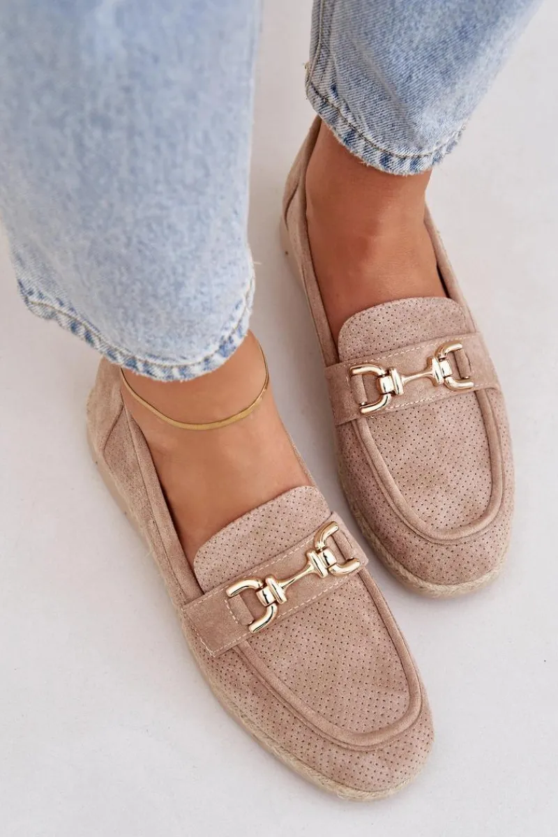 Boto Ażurowe Mokasyny Ze Złotym Detalem I Jutową Plecionką Beżowe Lainer