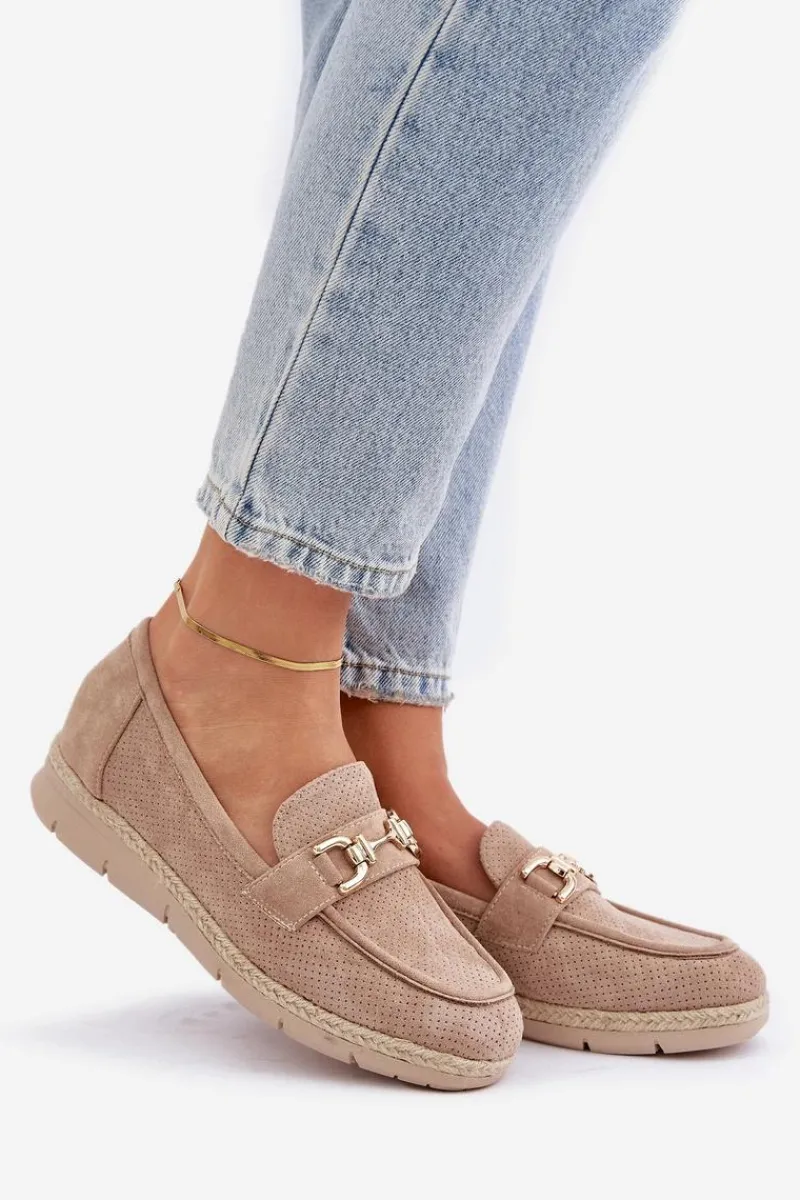 Boto Ażurowe Mokasyny Ze Złotym Detalem I Jutową Plecionką Beżowe Lainer