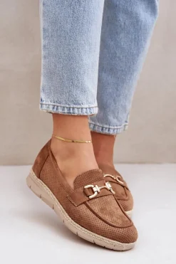 Mokasyny Damskie Zamszowe>Boto Ażurowe Mokasyny Ze Złotym Detalem I Jutową Plecionką Brązowe Lainer Brązowy