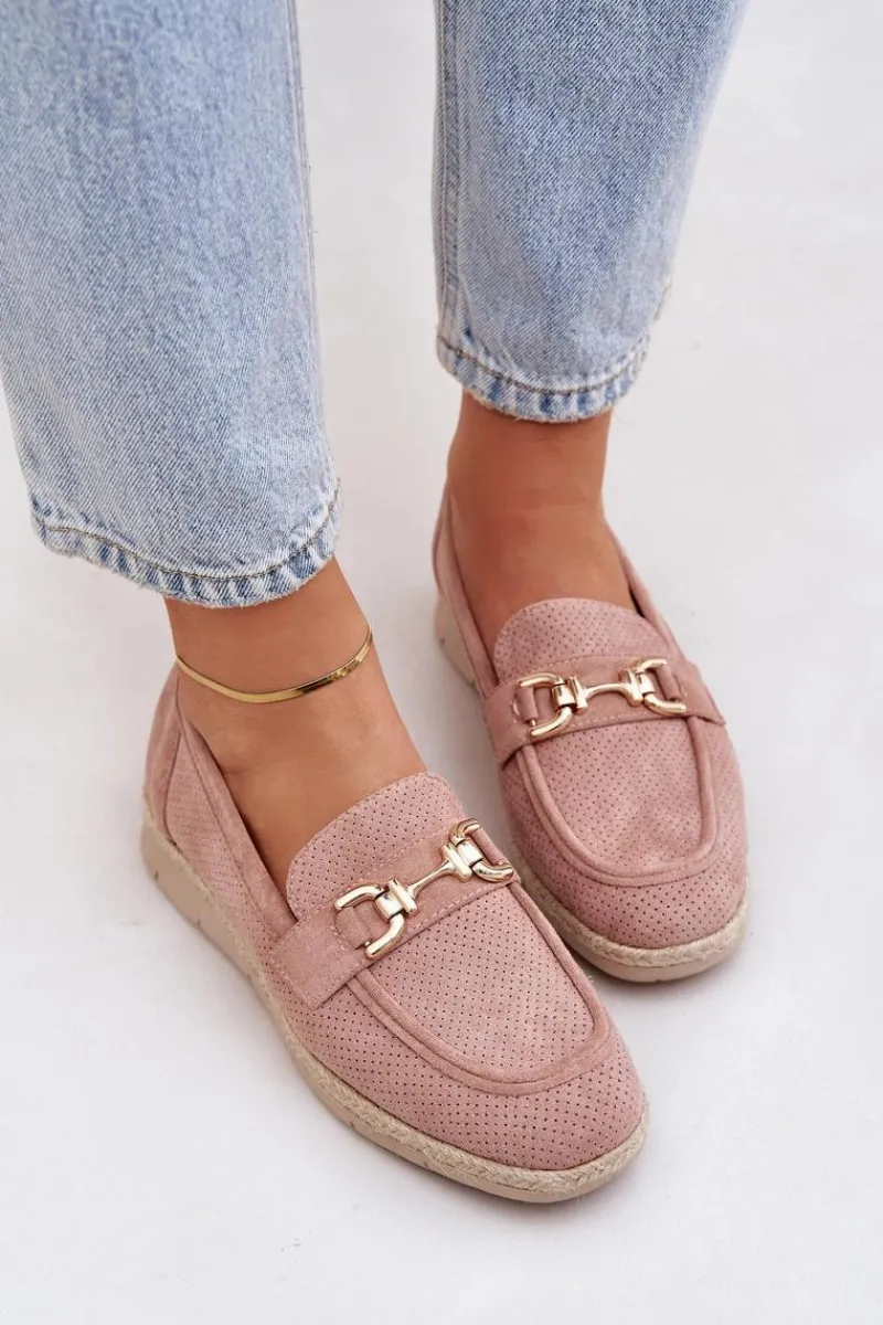 New Ażurowe Mokasyny Ze Złotym Detalem I Jutową Plecionką Różowe Lainer Damskie Mokasyny Damskie Zamszowe