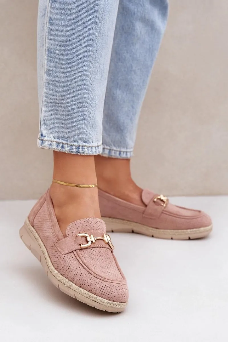 New Ażurowe Mokasyny Ze Złotym Detalem I Jutową Plecionką Różowe Lainer Damskie Mokasyny Damskie Zamszowe