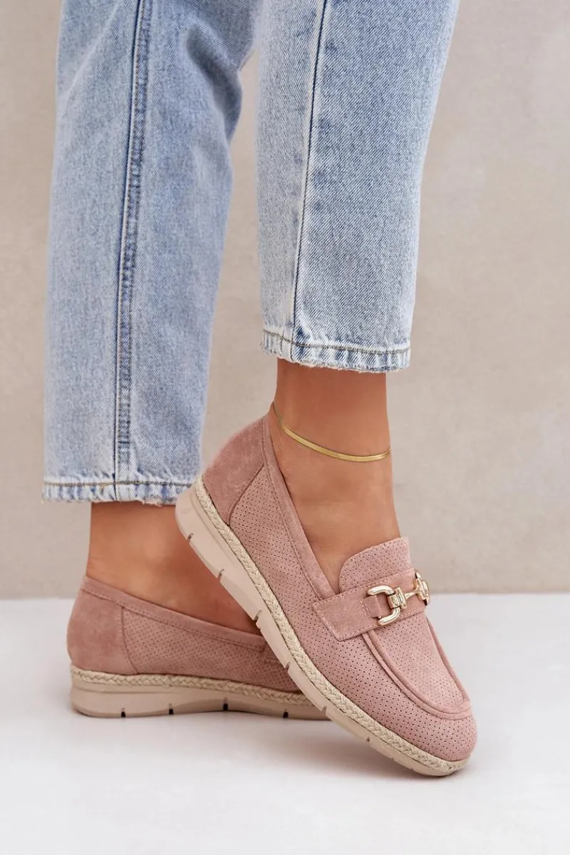 New Ażurowe Mokasyny Ze Złotym Detalem I Jutową Plecionką Różowe Lainer Damskie Mokasyny Damskie Zamszowe