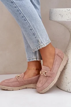 New Ażurowe Mokasyny Ze Złotym Detalem I Jutową Plecionką Różowe Lainer Damskie Mokasyny Damskie Zamszowe