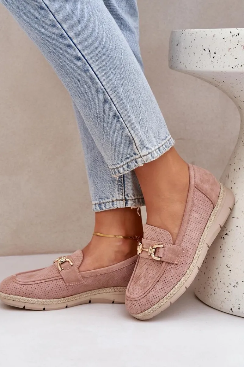 New Ażurowe Mokasyny Ze Złotym Detalem I Jutową Plecionką Różowe Lainer Damskie Mokasyny Damskie Zamszowe