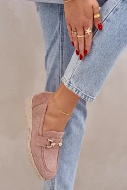 New Ażurowe Mokasyny Ze Złotym Detalem I Jutową Plecionką Różowe Lainer Damskie Mokasyny Damskie Zamszowe