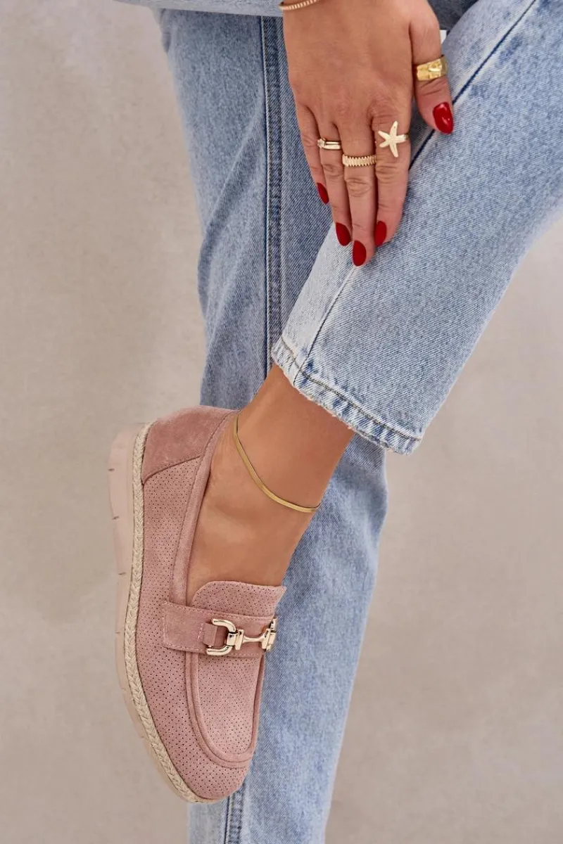 New Ażurowe Mokasyny Ze Złotym Detalem I Jutową Plecionką Różowe Lainer Damskie Mokasyny Damskie Zamszowe