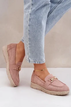 New Ażurowe Mokasyny Ze Złotym Detalem I Jutową Plecionką Różowe Lainer Damskie Mokasyny Damskie Zamszowe