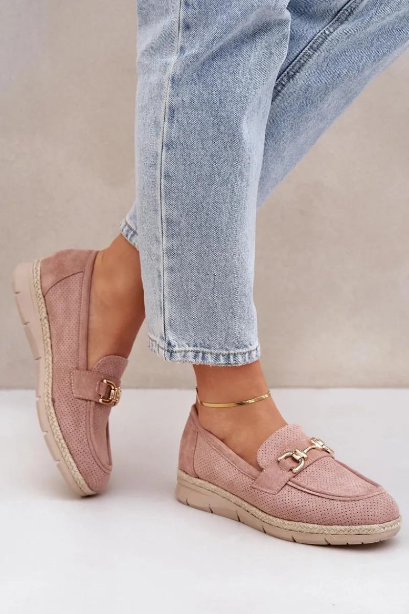 New Ażurowe Mokasyny Ze Złotym Detalem I Jutową Plecionką Różowe Lainer Damskie Mokasyny Damskie Zamszowe