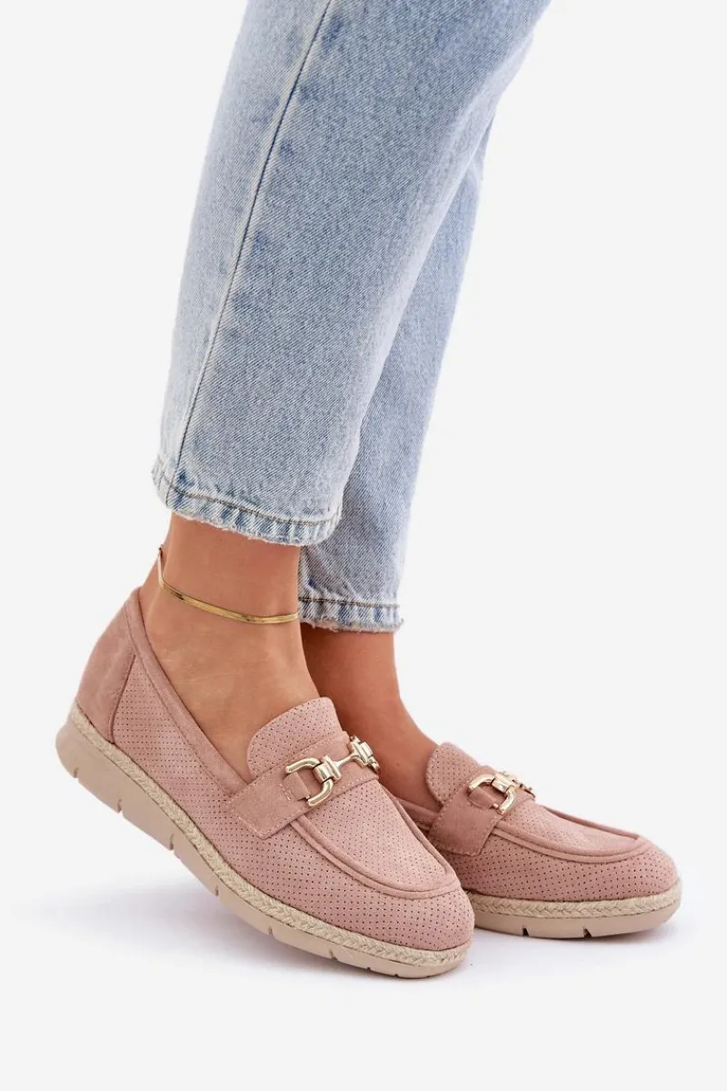 New Ażurowe Mokasyny Ze Złotym Detalem I Jutową Plecionką Różowe Lainer Damskie Mokasyny Damskie Zamszowe