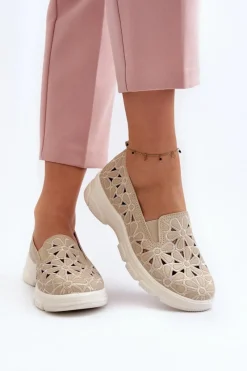 Online Ażurowe Półbuty Damskie Beżowe Emilei Damskie Półbuty Skórzane