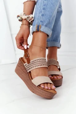 Damskie buty S.Barski Ażurowe Sandały Na Koturnie S.Barski GD-47 Beżowe