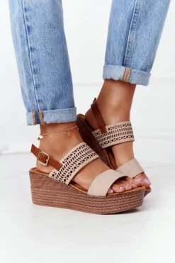 Damskie buty S.Barski Ażurowe Sandały Na Koturnie S.Barski GD-47 Beżowe