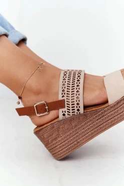 Damskie buty S.Barski Ażurowe Sandały Na Koturnie S.Barski GD-47 Beżowe