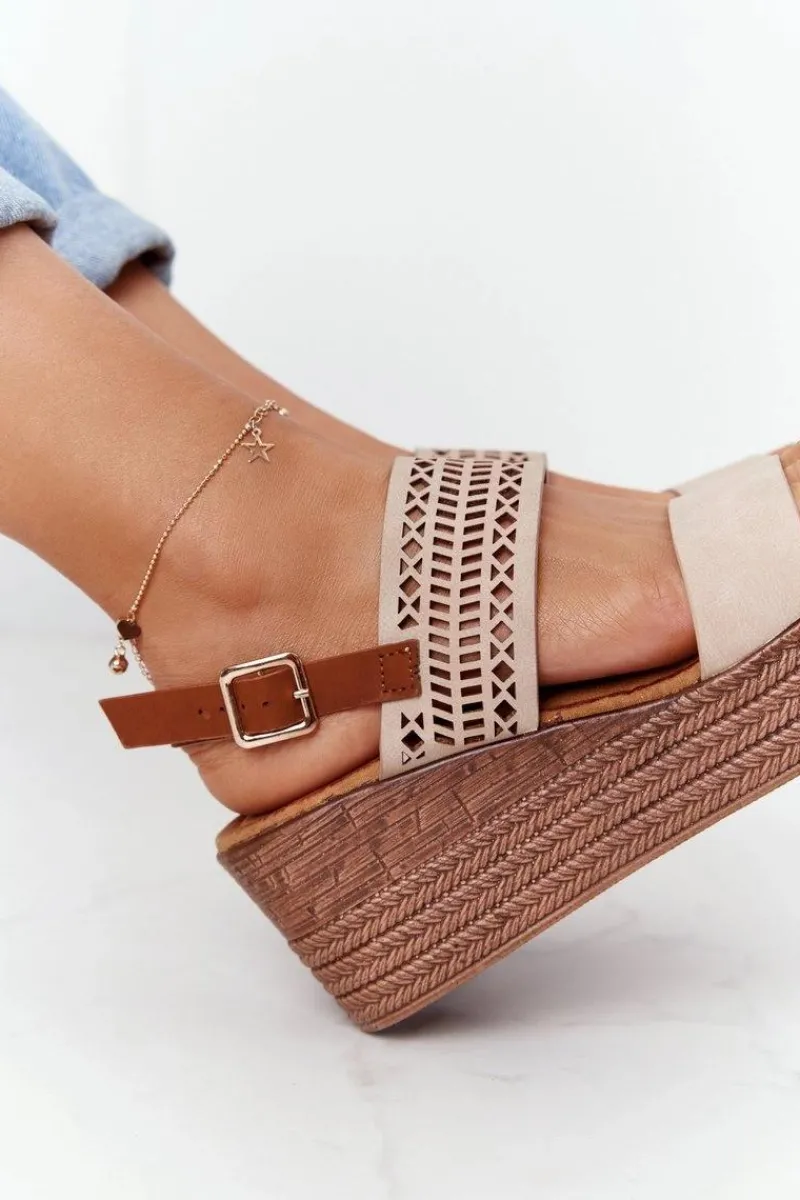 Damskie buty S.Barski Ażurowe Sandały Na Koturnie S.Barski GD-47 Beżowe