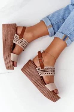 Damskie buty S.Barski Ażurowe Sandały Na Koturnie S.Barski GD-47 Beżowe