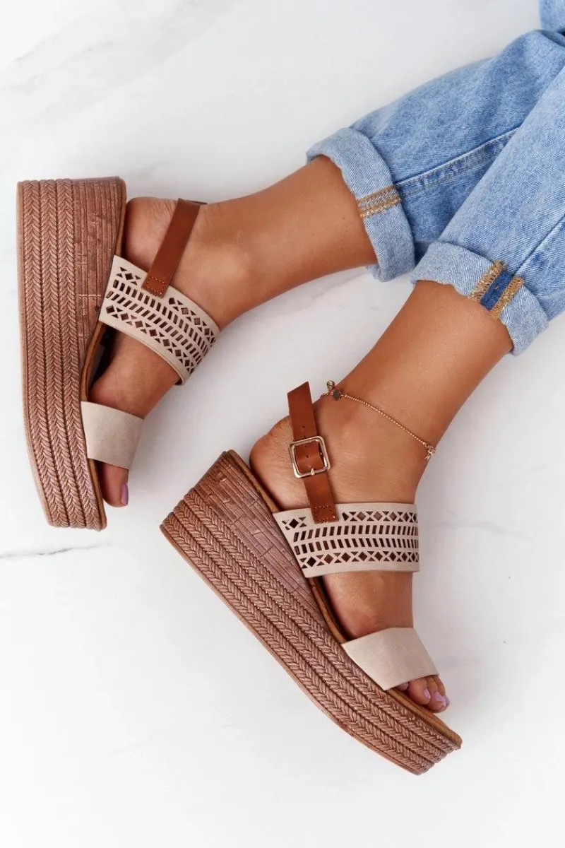 Damskie buty S.Barski Ażurowe Sandały Na Koturnie S.Barski GD-47 Beżowe