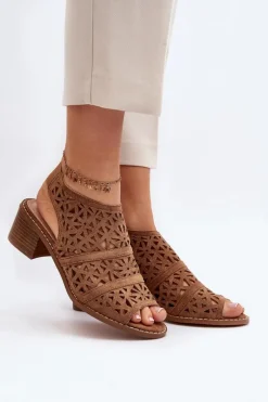 Boto Ażurowe Sandały Na Obcasie Brązowe Serapina