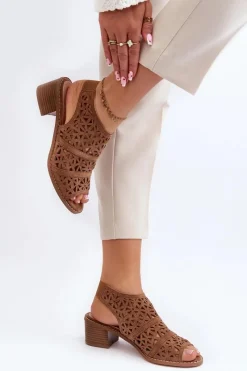 Boto Ażurowe Sandały Na Obcasie Brązowe Serapina