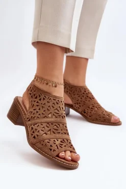 Boto Ażurowe Sandały Na Obcasie Brązowe Serapina