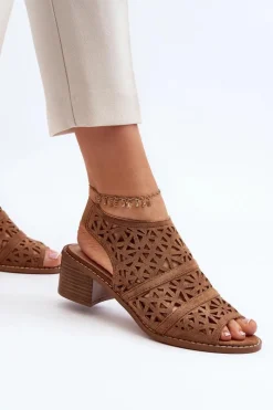 Boto Ażurowe Sandały Na Obcasie Brązowe Serapina