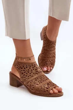 Boto Ażurowe Sandały Na Obcasie Brązowe Serapina
