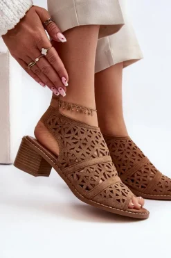 Boto Ażurowe Sandały Na Obcasie Brązowe Serapina