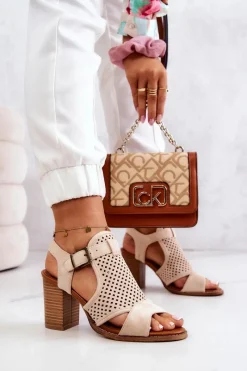 Sale Ażurowe Sandały Na Słupku Beżowe Hey Lover Damskie Sandały Ażurowe|Sandały Na Obcasie
