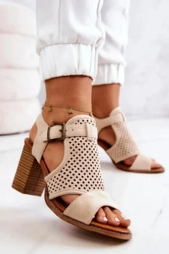 Sale Ażurowe Sandały Na Słupku Beżowe Hey Lover Damskie Sandały Ażurowe|Sandały Na Obcasie