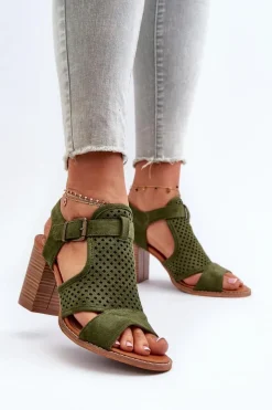Best Evento Ażurowe Sandały Na Słupku Ciemnozielone Hey Lover