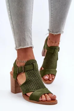 Best Evento Ażurowe Sandały Na Słupku Ciemnozielone Hey Lover