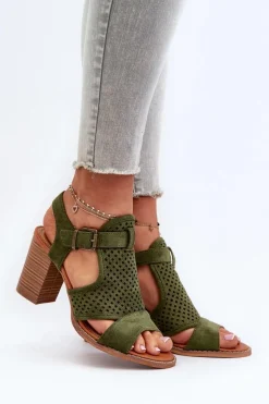 Best Evento Ażurowe Sandały Na Słupku Ciemnozielone Hey Lover