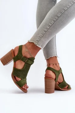 Best Evento Ażurowe Sandały Na Słupku Ciemnozielone Hey Lover
