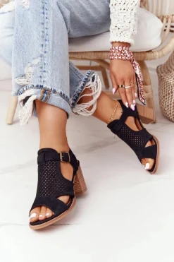 New Ażurowe Sandały Na Słupku Czarne Hey Lover Damskie Sandały Ażurowe|Sandały Na Obcasie