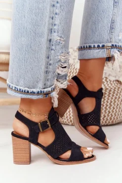New Ażurowe Sandały Na Słupku Czarne Hey Lover Damskie Sandały Ażurowe|Sandały Na Obcasie