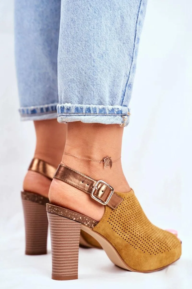 Clearance Ażurowe Sandały Na Słupku Sergio Leone SK855 Żółte Damskie Sandały Ażurowe|Sandały Na Obcasie