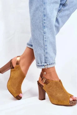 Clearance Ażurowe Sandały Na Słupku Sergio Leone SK855 Żółte Damskie Sandały Ażurowe|Sandały Na Obcasie
