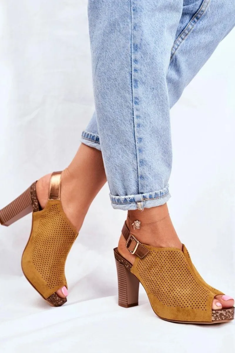 Clearance Ażurowe Sandały Na Słupku Sergio Leone SK855 Żółte Damskie Sandały Ażurowe|Sandały Na Obcasie