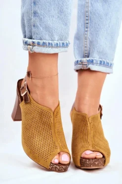 Clearance Ażurowe Sandały Na Słupku Sergio Leone SK855 Żółte Damskie Sandały Ażurowe|Sandały Na Obcasie