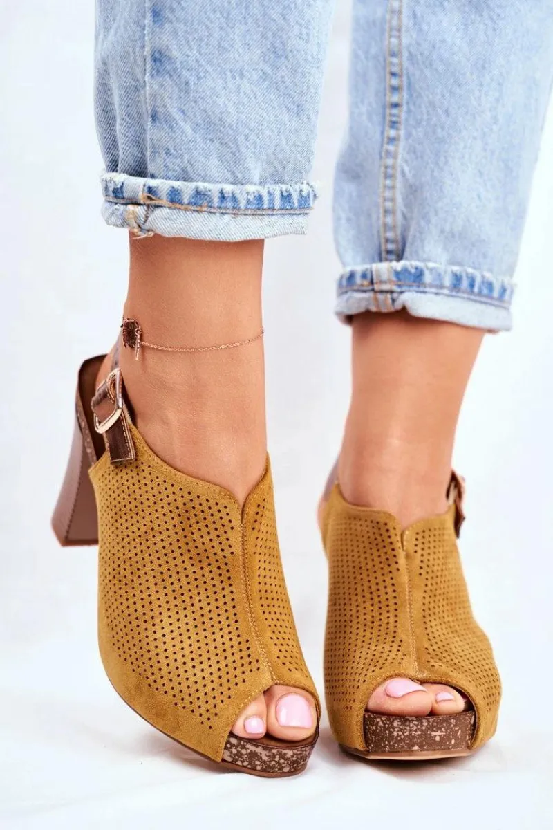 Clearance Ażurowe Sandały Na Słupku Sergio Leone SK855 Żółte Damskie Sandały Ażurowe|Sandały Na Obcasie