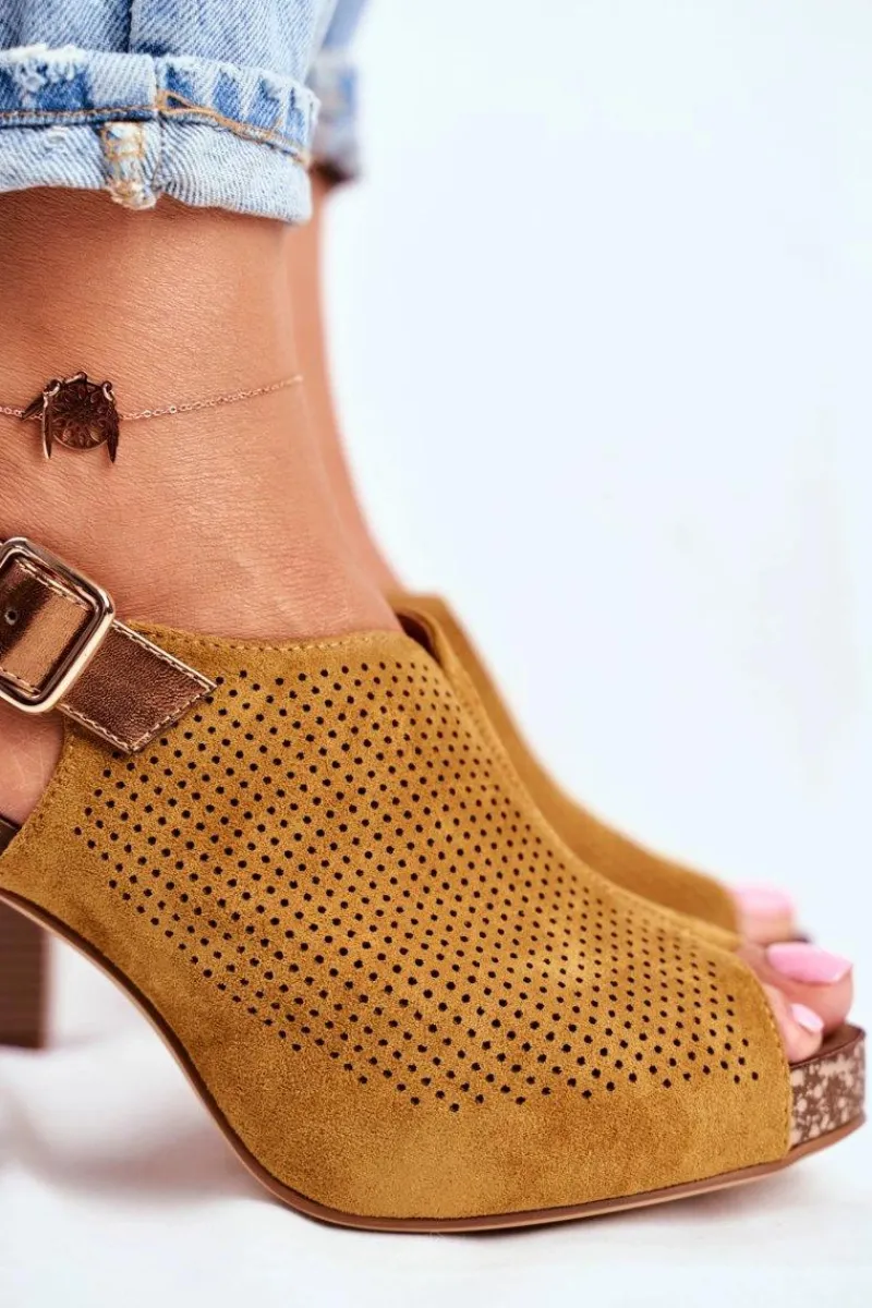 Clearance Ażurowe Sandały Na Słupku Sergio Leone SK855 Żółte Damskie Sandały Ażurowe|Sandały Na Obcasie