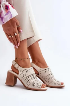 Sale Ażurowe Sandały Na Słupku Sergio Leone SK565 Jasnobeżowe Damskie Sandały Ażurowe|Sandały Na Obcasie