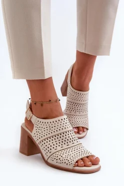 Sale Ażurowe Sandały Na Słupku Sergio Leone SK565 Jasnobeżowe Damskie Sandały Ażurowe|Sandały Na Obcasie