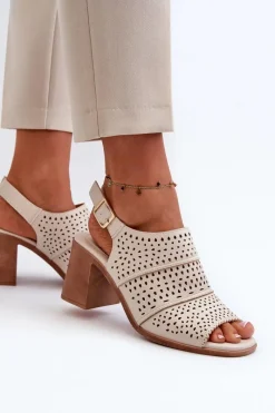 Sale Ażurowe Sandały Na Słupku Sergio Leone SK565 Jasnobeżowe Damskie Sandały Ażurowe|Sandały Na Obcasie