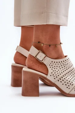 Sale Ażurowe Sandały Na Słupku Sergio Leone SK565 Jasnobeżowe Damskie Sandały Ażurowe|Sandały Na Obcasie