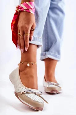 Baleriny Skórzane|Baleriny Klasyczne>Evento Ażurowe Skórzane Baleriny Biało-Beżowe Erdola