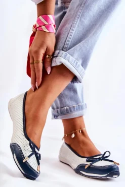 New Evento Ażurowe Skórzane Baleriny Biało-Granatowe Erdola