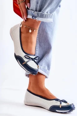 New Evento Ażurowe Skórzane Baleriny Biało-Granatowe Erdola